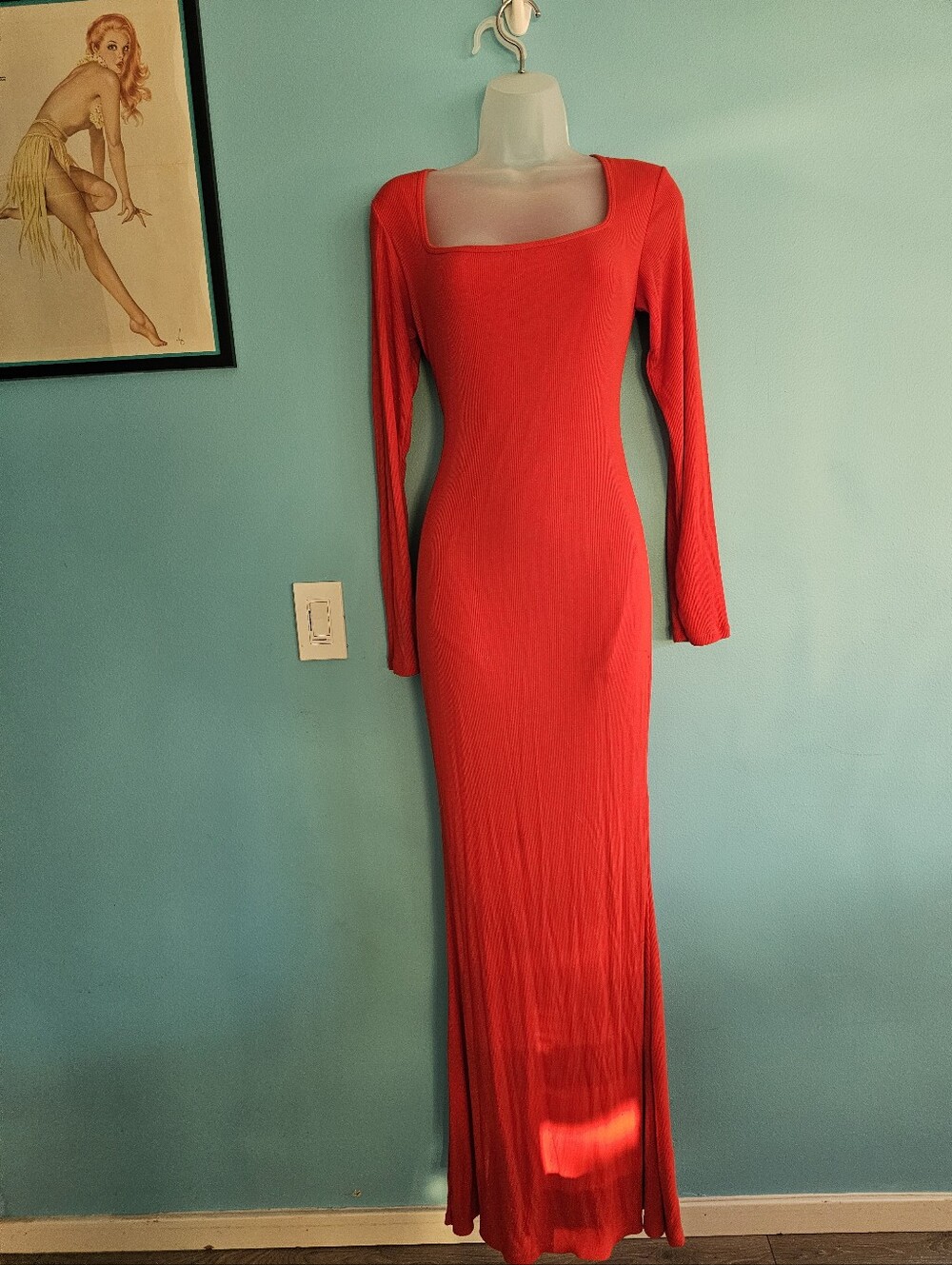 Popilush Red Long Sleeve Square Neck Maxi Dress With Shapewear